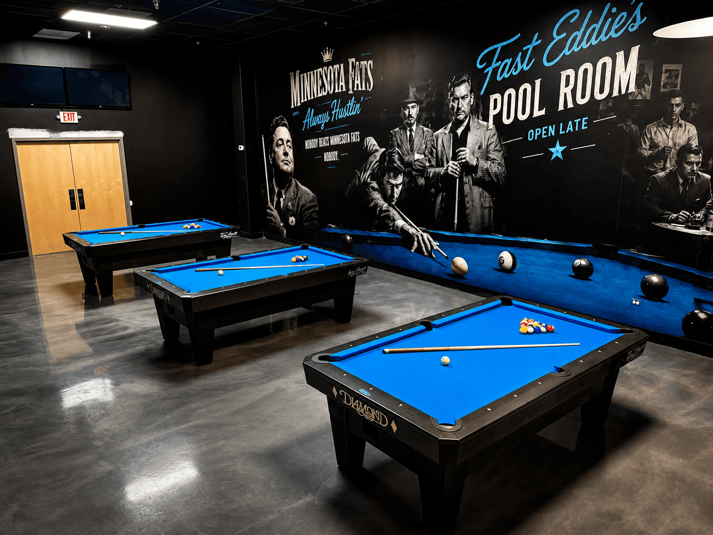 Fast Eddie's Pool Room — Diamond tables with blue felt beneath a hand-painted mural