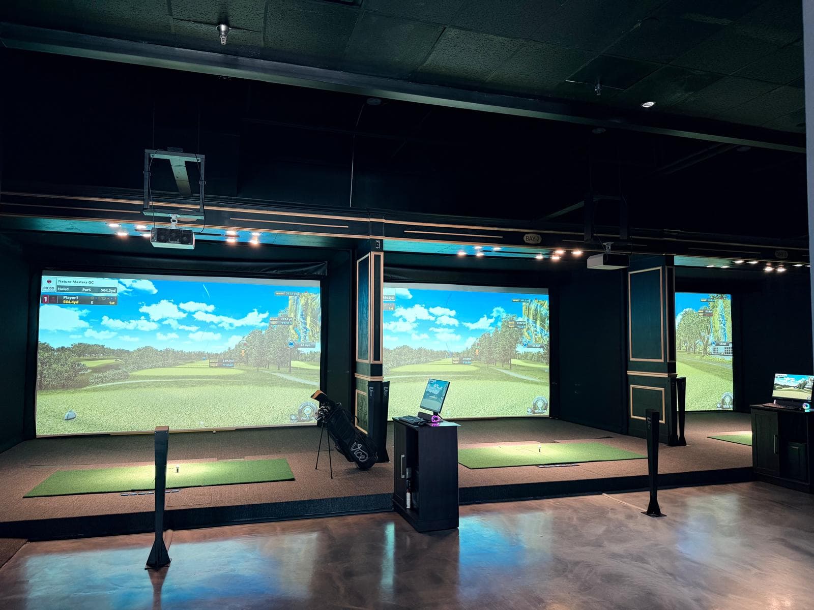 The full row of golf simulator bays