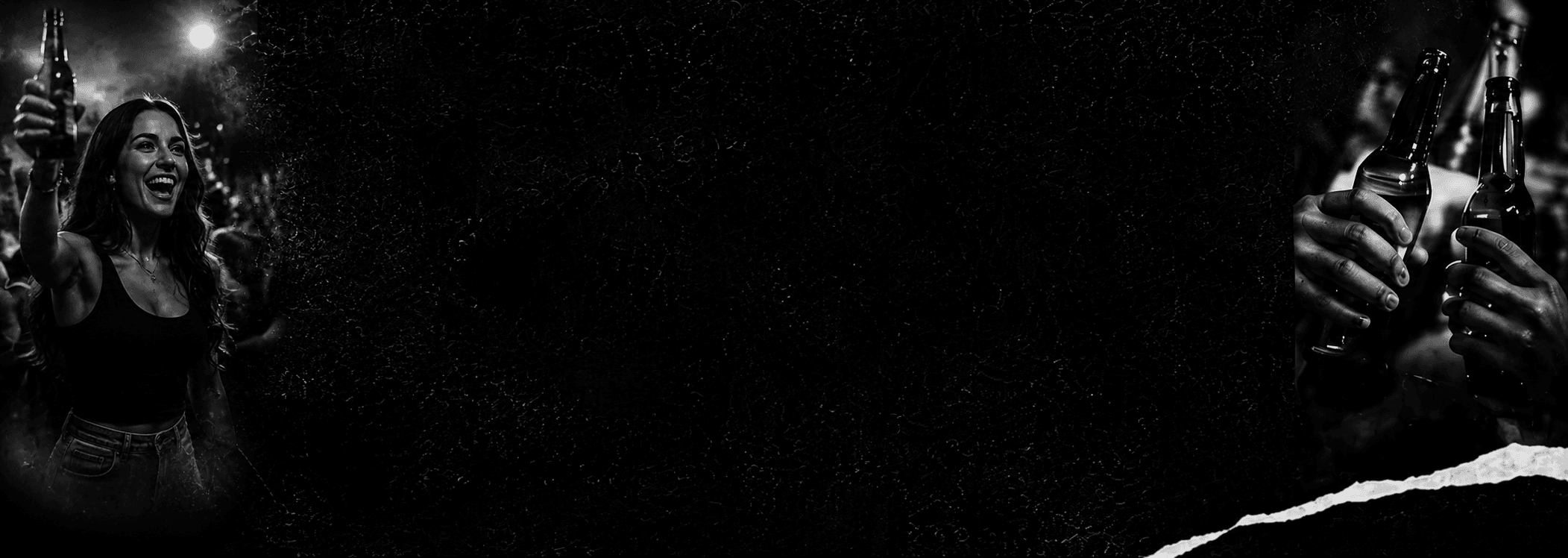 Dark black and white background image with two photos on left and right